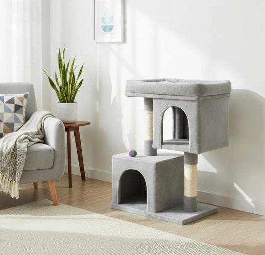 Cat Tree, Cat Tower, with Large Cat Perch, 2 Cat Caves, Scratching Post, Light Gray